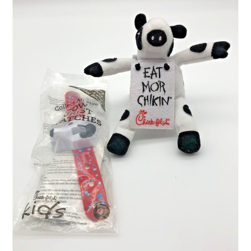 Chick-Fil-A Kids Meal Novelty Toy Set Cow Wrist Watch and Plush Eat More Chikin
